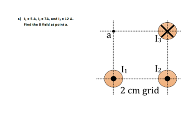 a) I₁=5A, 1₂ = 7A, and I₁ = 12 A.
Find the B field at point a.
a
13
I₁
12
2 cm grid