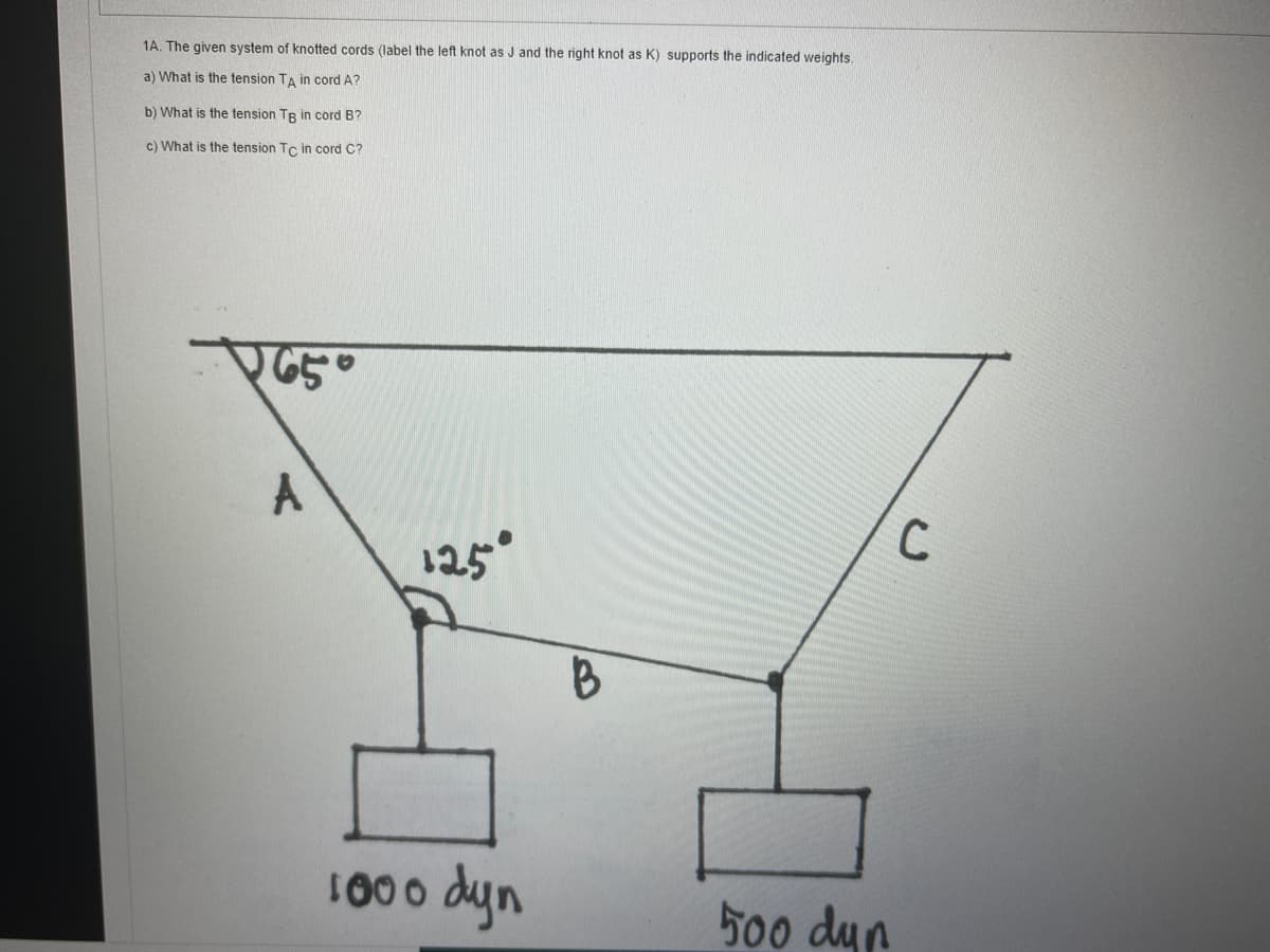 1A. The given system of knotted cords (label the left knot as J and the right knot as K) supports the indicated weights.
a) What is the tension TA in cord A?
b) What is the tension TR in cord B?
c) What is the tension Tc in cord C?
C
125
B
1000 dyn
500 dyp
