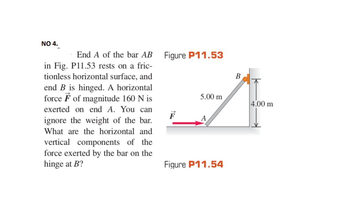 NO 4.
End A of the bar AB Figure P11.53
in Fig. P11.53 rests on a fric-
tionless horizontal surface, and
В
end B is hinged. A horizontal
force F of magnitude 160 N is
5.00 m
4.00 m
exerted on end A. You can
ignore the weight of the bar.
A
What are the horizontal and
vertical components of the
force exerted by the bar on the
hinge at B?
Figure P11.54
