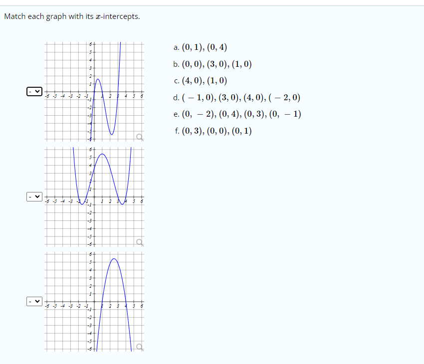 Match each graph with its x-intercepts.
6+
а. (0, 1), (0, 4)
4-
b. (0, 0), (3, 0), (1, 0)
с. (4, 0), (1, 0)
d. (– 1, 0), (3, 0), (4, 0), ( – 2, 0)
e. (0, – 2), (0, 4), (0, 3), (0, – 1)
f. (0, 3), (0, 0), (0, 1)
-3 -2 -
-6 -5 -4 -3
-2
-4-
-5
-6 -5 4 -3 -2 -1,
-2
-4-
-6t
