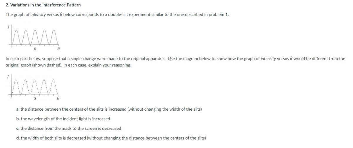 2. Variations in the Interference Pattern
The graph of intensity versus below corresponds to a double-slit experiment similar to the one described in problem 1.
ww
0
In each part below, suppose that a single change were made to the original apparatus. Use the diagram below to show how the graph of intensity versus would be different from the
original graph (shown dashed). In each case, explain your reasoning.
w
0
0
a. the distance between the centers of the slits is increased (without changing the width of the slits)
b. the wavelength of the incident light is increased
c. the distance from the mask to the screen is decreased
d. the width of both slits is decreased (without changing the distance between the centers of the slits)