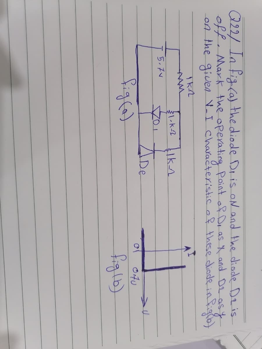 Q22/ In figca) the diode Di is ON and the diode De is
off. Mark the operating Point of Dr as X and Dz asy
on the given V_I characteristic of these diode in Biglb}
AAM
5.7v
ADe
fightb)
