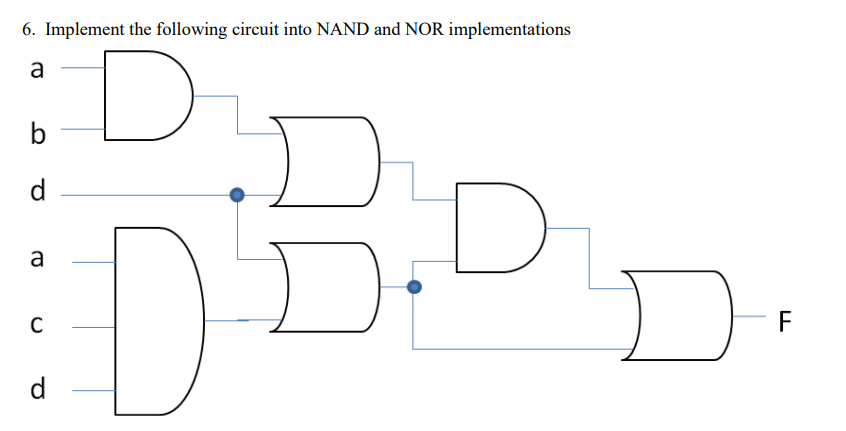 6. Implement the following circuit into NAND and NOR implementations
a
D
b
d
a
C
d
DBPD
F