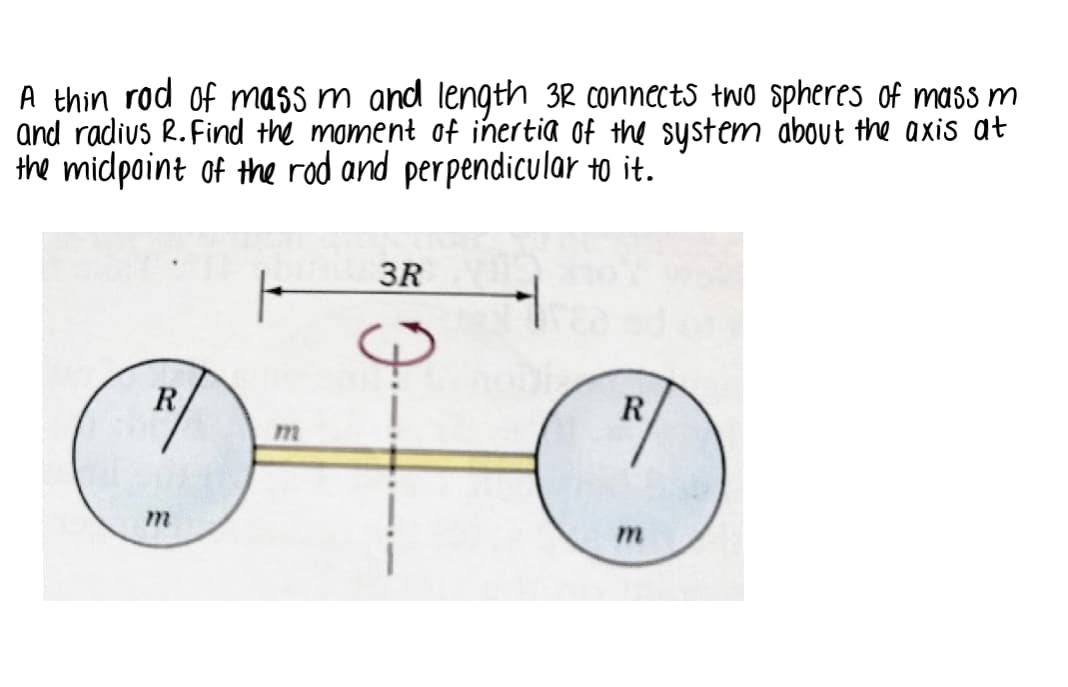 A thin rod of mass m and length 3R connects two spheres of mass m
and radius R.Find the moment of inertia of the system about the axis at
the midpoint of the rod and perpendicular to it.
3R
R
R
m
m
