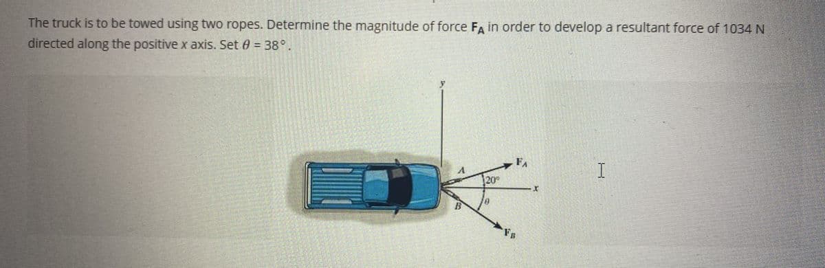The truck is to be towed using two ropes. Determine the magnitude of force FA in order to develop a resultant force of 1034 N
directed along the positive x axis. Set 8 = 38°.
20°
Fo
I