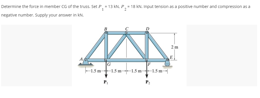 Determine the force in member CG of the truss. Set P₁ = 13 kN, P₂² = 18 kN. Input tension as a positive number and compression as a
1
negative number. Supply your answer in kN.
G
-1.5 m 1.5 m 1.5 m-
P₁
F
-1.5 m-
P₂
2 m
E