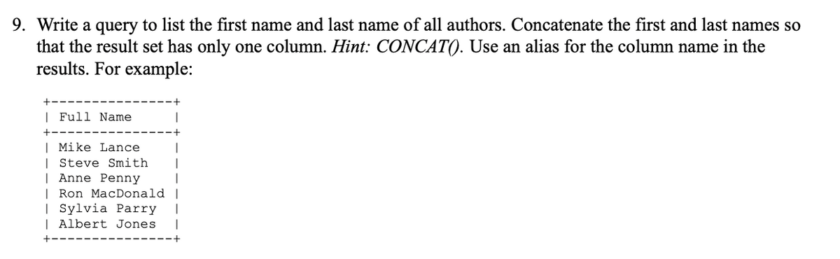 9. Write a query to list the first name and last name of all authors. Concatenate the first and last names so
that the result set has only one column. Hint: CONCAT(). Use an alias for the column name in the
results. For example:
+-
| Full Name
| Mike Lance
| Steve Smith
| Anne Penny
| Ron MacDonald |
| Sylvia Parry
| Albert Jones
