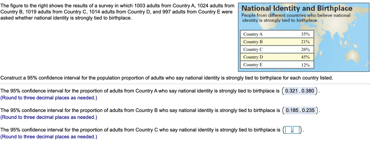 The figure to the right shows the results of a survey in which 1003 adults from Country A, 1024 adults from
Country B, 1019 adults from Country C, 1014 adults from Country D, and 997 adults from Country E were
asked whether national identity is strongly tied to birthplace.
National Identity and Birthplace
People from different countries who believe national
identity is strongly tied to birthplace
Country A
35%
Country B
21%
Country C
26%
Country D
45%
Country E
12%
Construct a 95% confidence interval for the population proportion of adults who say national identity is strongly tied to birthplace for each country listed.
The 95% confidence interval for the proportion of adults from Country A who say national identity is strongly tied to birthplace is (0.321, 0.380 ).
(Round to three decimal places as needed.)
The 95% confidence interval for the proportion of adults from Country B who say national identity is strongly tied to birthplace is (0.185 , 0.235 ).
(Round to three decimal places as needed.)
The 95% confidence interval for the proportion of adults from Country C who say national identity is strongly tied to birthplace is ( D.
(Round to three decimal places as needed.)
