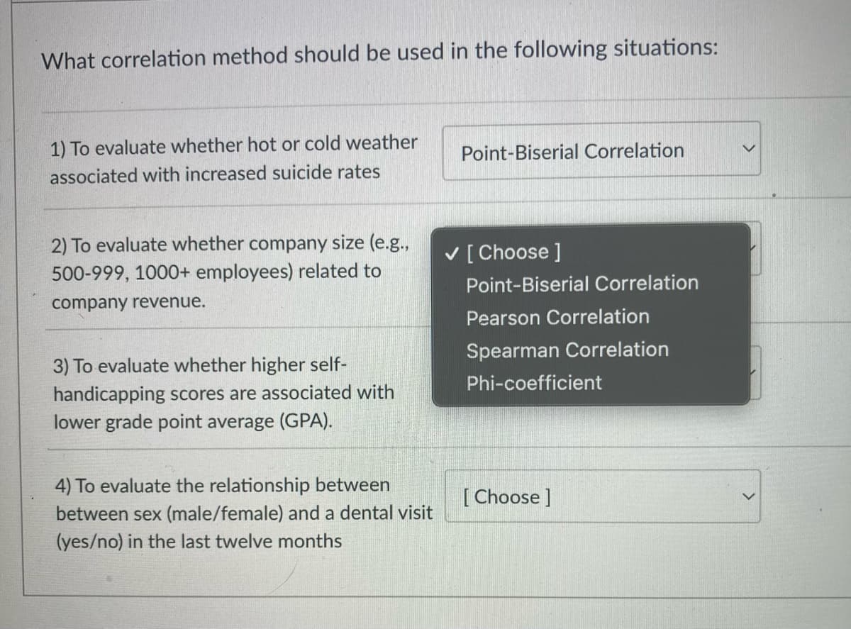 What correlation method should be used in the following situations:
1) To evaluate whether hot or cold weather
Point-Biserial Correlation
associated with increased suicide rates
2) To evaluate whether company size (e.g.,
V [ Choose ]
500-999, 1000+ employees) related to
Point-Biserial Correlation
company revenue.
Pearson Correlation
Spearman Correlation
3) To evaluate whether higher self-
handicapping scores are associated with
lower grade point average (GPA).
Phi-coefficient
4) To evaluate the relationship between
[ Choose ]
between sex (male/female) and a dental visit
(yes/no) in the last twelve months
