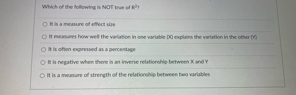 Which of the following is NOT true of R2?
O It is a measure of effect size
O It measures how well the variation in one variable (X) explains the variation in the other (Y)
O It is often expressed as a percentage
O It is negative when there is an inverse relationship between X and Y
O It is a measure of strength of the relationship between two variables
