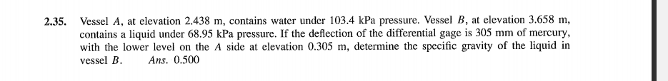 2.35. Vessel A, at elevation 2.438 m, contains water under 103.4 kPa pressure. Vessel B, at elevation 3.658 m,
contains a liquid under 68.95 kPa pressure. If the deflection of the differential gage is 305 mm of mercury,
with the lower level on the A side at elevation 0.305 m, determine the specific gravity of the liquid in
vessel B.
Ans. 0.500
