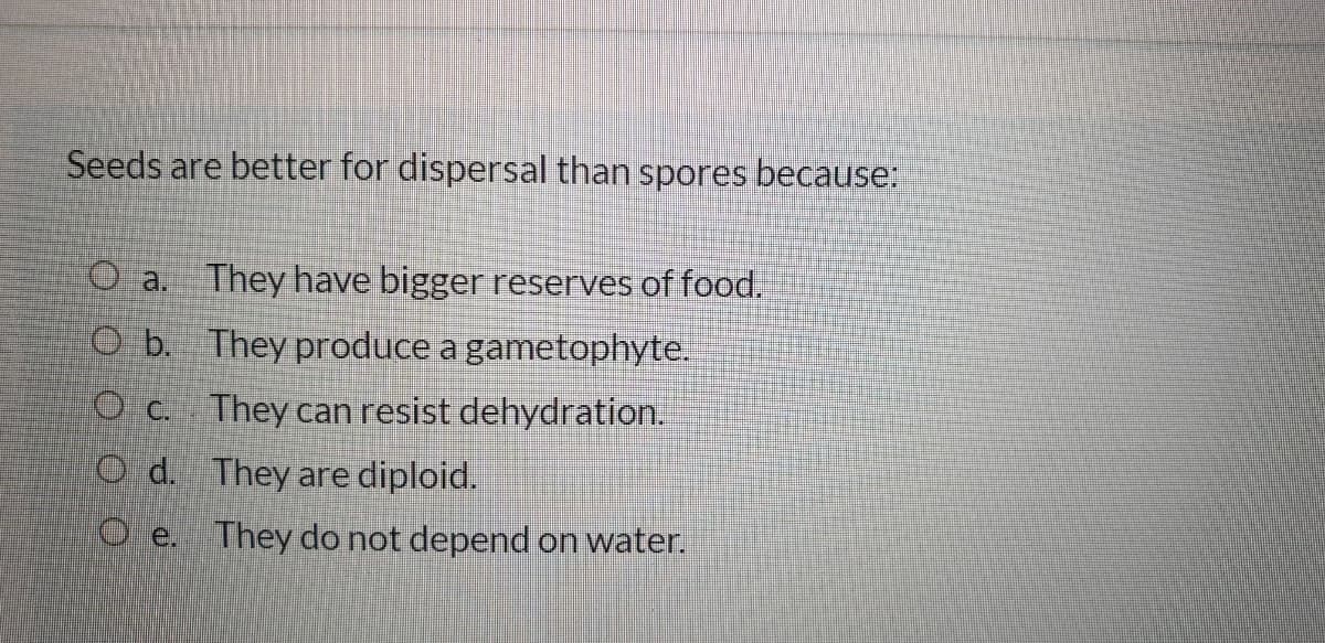 Seeds are better for dispersal than spores because:
They have bigger reserves of food.
O a.
O b. They produce a gametophyte.
O c. They can resist dehydration.
O d. They are diploid.
O e. They do not depend on water.
