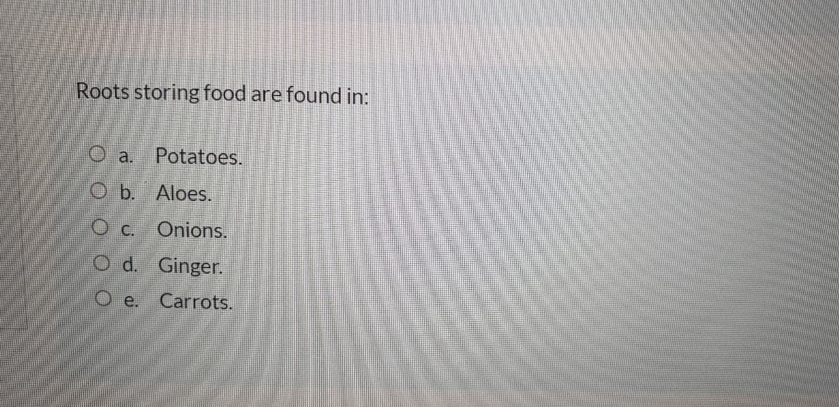 Roots storing food are found in:
a.
Potatoes.
b. Aloes.
Onions.
d. Ginger.
e.
Carrots.

