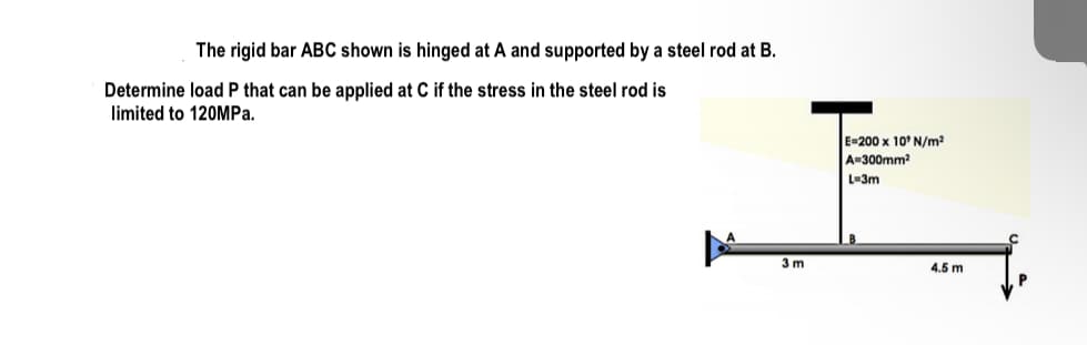 The rigid bar ABC shown is hinged at A and supported by a steel rod at B.
Determine load P that can be applied at C if the stress in the steel rod is
limited to 120MPA.
E=200 x 10° N/m2
A-300mm?
L-3m
3 m
4.5 m
