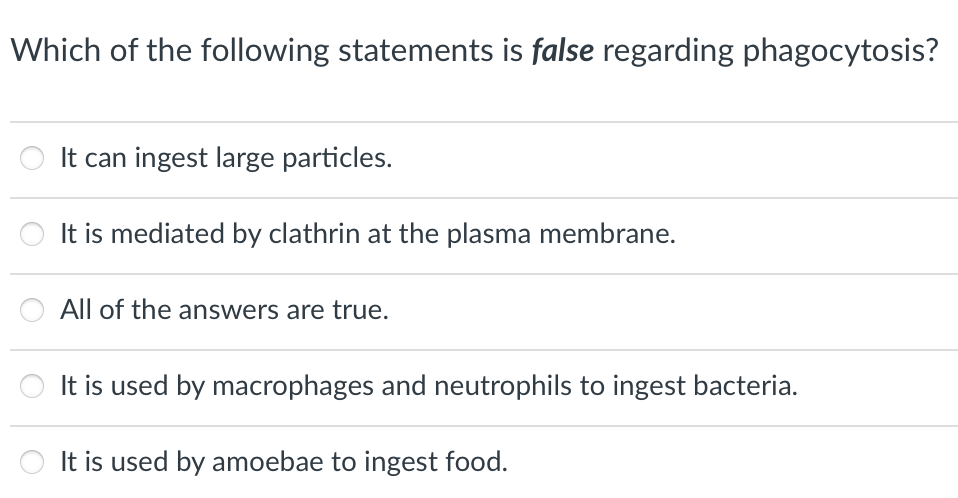 Which of the following statements is false regarding phagocytosis?
It can ingest large particles.
It is mediated by clathrin at the plasma membrane.
All of the answers are true.
It is used by macrophages and neutrophils to ingest bacteria.
It is used by amoebae to ingest food.