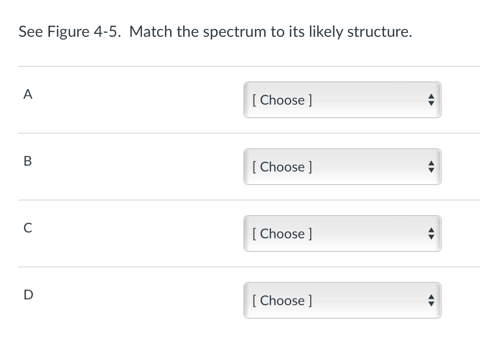See Figure 4-5. Match the spectrum to its likely structure.
A
B
U
D
[Choose ]
[Choose ]
[Choose ]
[Choose ]
◄►