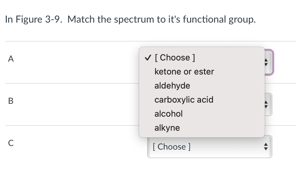 In Figure 3-9. Match the spectrum to it's functional group.
A
B
✓ [Choose ]
ketone or ester
aldehyde
carboxylic acid
alcohol
alkyne
[Choose ]
◄►