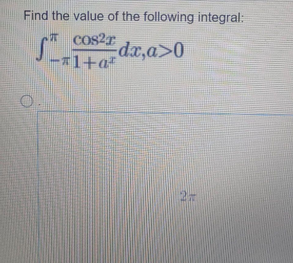 Find the value of the following integral:
cos2r
dx,a>0
#1+a
27
