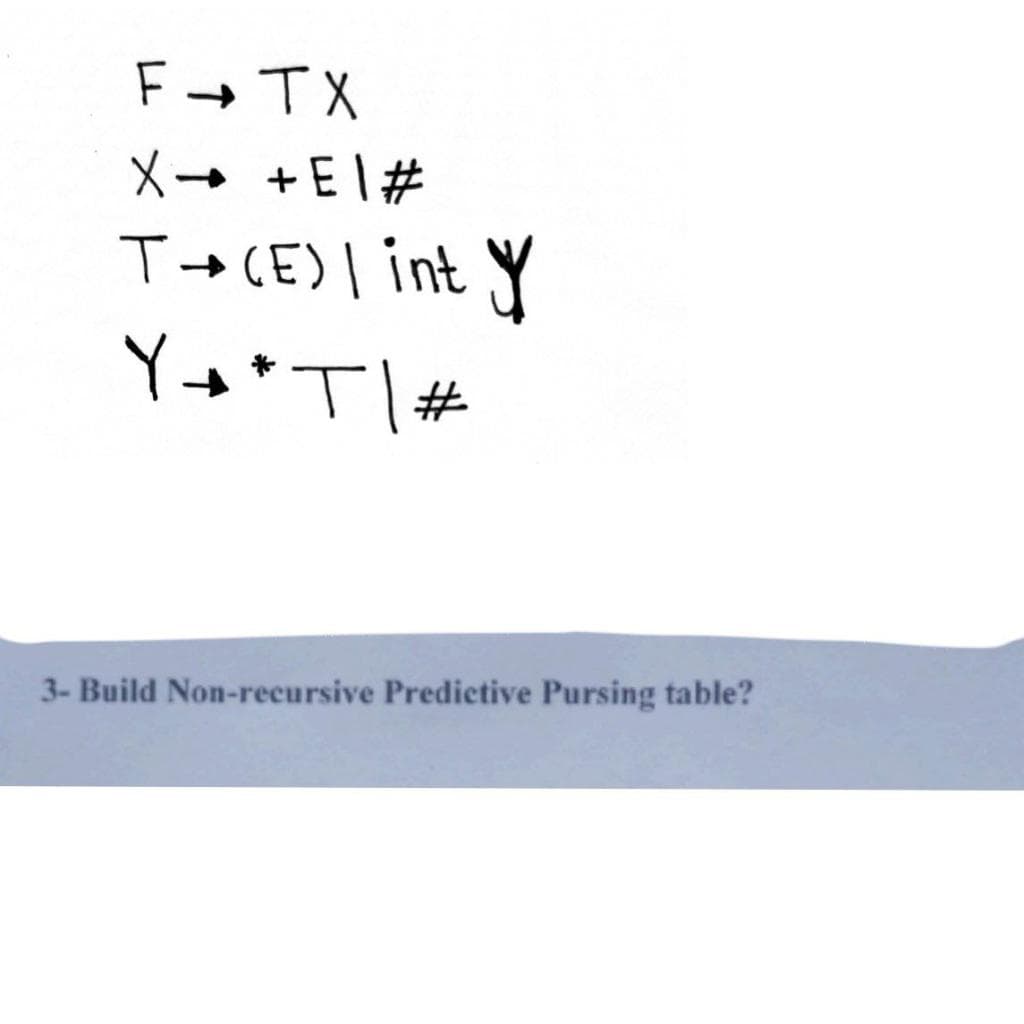 F+ TX
X+ +EI#
T+(E)l int Y
T|#
3- Build Non-recursive Predictive Pursing table?
