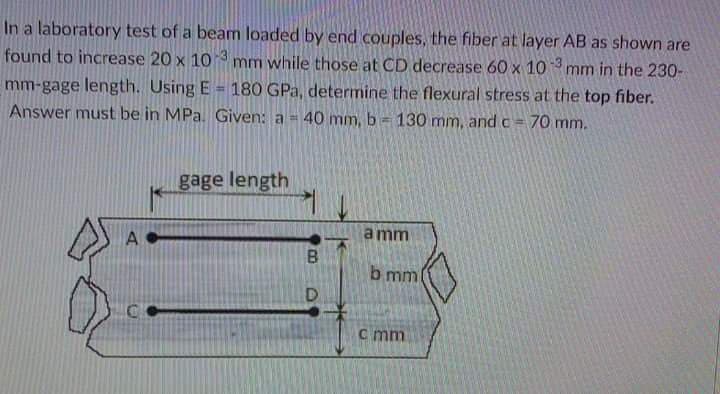 In a laboratory test of a beam loaded by end couples, the fiber at layer AB as shown are
found to increase 20 x 103 mm while those at CD decrease 60 x 103 mm in the 230-
mm-gage length. Using E = 180 GPa, determine the flexural stress at the top fiber.
Answer must be in MPa. Given: a =
40 mm, b = 130 mm, and c= 70 mm.
gage length
a mm
A
B.
b mm
c mm
