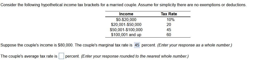 Consider the following hypothetical income tax brackets for a married couple. Assume for simplicity there are no exemptions or deductions.
Income
Tax Rate
$0-$20,000
$20,001-$50,000
$50,001-$100,000
$100,001 and up
10%
20
45
60
Suppose the couple's income is $80,000. The couple's marginal tax rate is 45 percent. (Enter your response as a whole number.)
The couple's average tax rate is
percent. (Enter your response rounded to the nearest whole number.)
