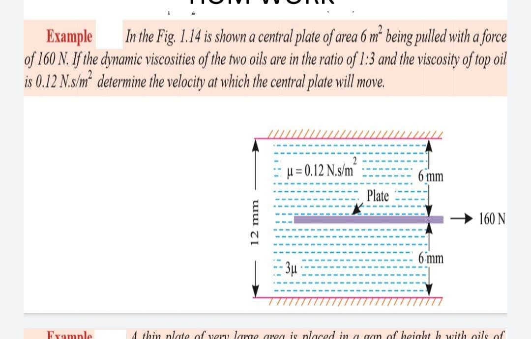 In the Fig. 1.14 is shown a central plate of area 6 m² being pulled with a force
Example
of 160 N. If the dynamic viscosities of the two oils are in the ratio of 1:3 and the viscosity of top oil
is 0.12 N.s/m² determine the velocity at which the central plate will move.
2
H= 0.12 N.s/m
6 mm
Plate
160 N
6 mm
3µ
Frample
4 thin plate of very largo area is placed in a gan of height h with oils of
12 mm
