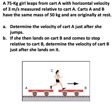 A 75-Kg girl leaps from cart A with horizontal velocity
of 3 m/s measured relative to cart A. Carts A and B
have the same mass of 50 kg and are originally at rest.
a. Determine the velocity of cart A just after she
jumps.
b. If she then lands on cart B and comes to stop
relative to cart B, determine the velocity of cart B
just after she lands on it.
A
B
