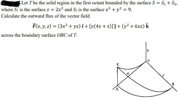 Let T be the solid region in the first octant bounded by the surface S = S1 + S2,
where Si is the surface z = 2x? and S2 is the surface x? + y? = 9.
Calculate the outward flux of the vector field
F(x, y, z) = (3x? + yz) i+ [y(4x + z)]j+ (y? + 6xz) k
across the boundary surface OBC of T.
