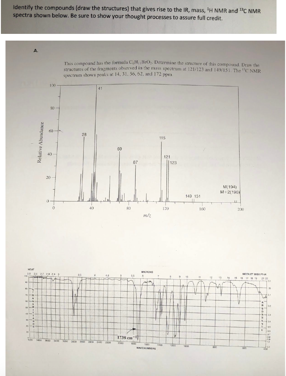 Identify the compounds (draw the structures) that gives rise to the IR, mass, 'H NMR and 13C NMR
spectra shown below. Be sure to show your thought processes to assure full credit.
A.
This compound has the formula C,HBrO2. Determine the structure of this compound. EDraw the
structures of the fragments observed in the mass spectrum at 121/123 and 149/151. The BC NMR
spectrum shows peaks at 14, 31, 56, 62, and 172 ppm
100
41
80
60
28
115
69
40
121
87
| 123
20
M(194)
M+2(196)
149 151
40
80
120
160
200
m/z
NEAT
MICRONS
2.5 25 2.7 2.8 29 3
35
NICOLET 20SX FTIR
100
5.5
10
11
12
13
14
15 16 17 18 19
21 22
90
70
-R
0.1
30
A-
02
50
A.
N.
-A.
2.4
20
3.5
10
37
1738 cm
-03
4000
1800
3600
3400 3200 3000
2800 2600 2400 2200
2000
1800
1600
1400
1200
1000
20
450
WAVENUMBERS
800
600
Relative Abundance
