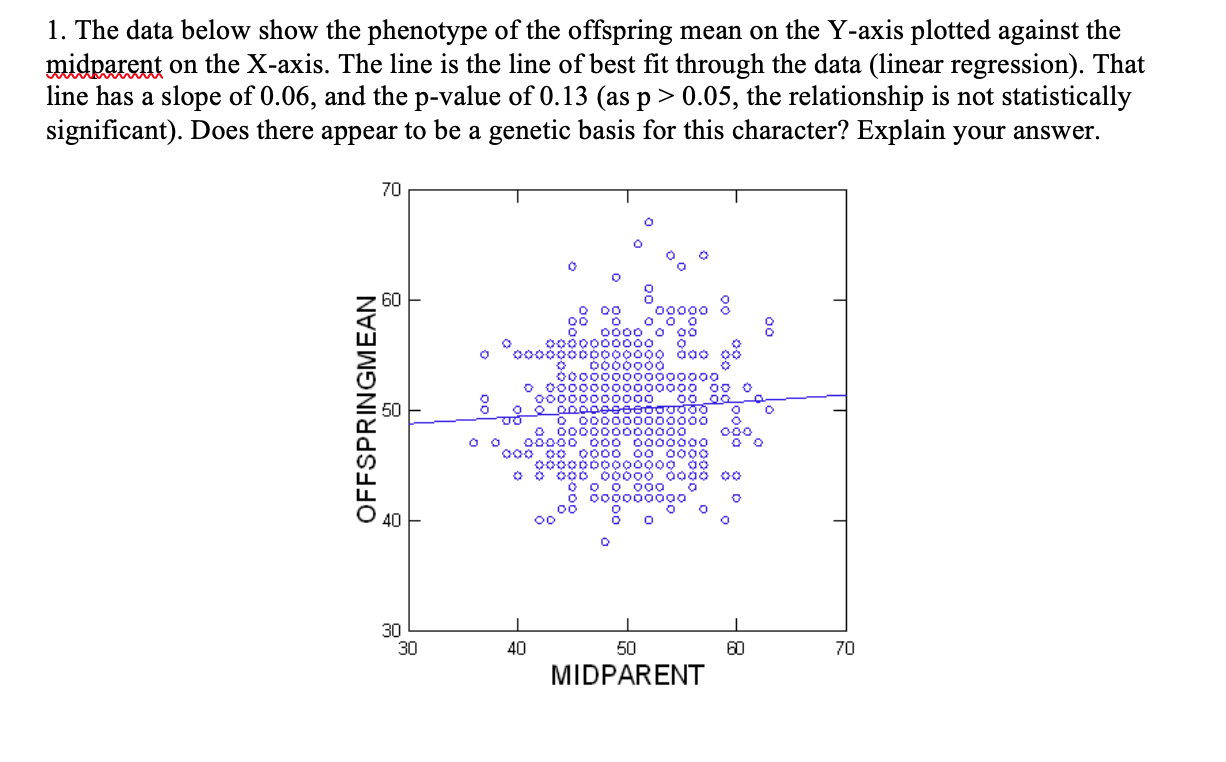 1. The data below show the phenotype of the offspring mean on the Y-axis plotted against the
midparent on the X-axis. The line is the line of best fit through the data (linear regression). That
line has a slope of 0.06, and the p-value of 0.13 (as p > 0.05, the relationship is not statistically
significant). Does there appear to be a genetic basis for this character? Explain your answer.
70
D000000000
000000000000
00000 o00 0000o00
o00 00 0000 00 0000
40
00
30
30
40
60
70
MIDPARENT
OFFSPRINGMEAN
0oobo
