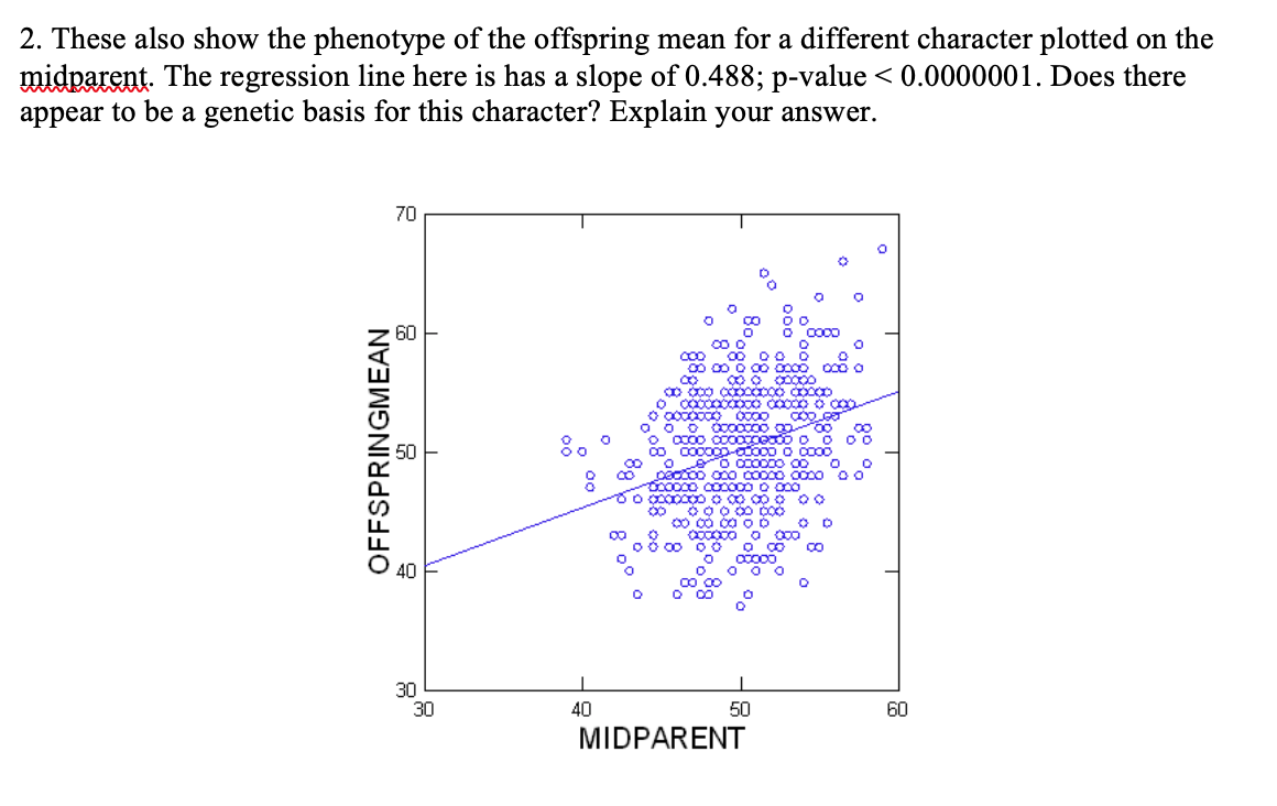 2. These also show the phenotype of the offspring mean for a different character plotted on the
midparent. The regression line here is has a slope of 0.488; p-value < 0.0000001. Does there
appear to be a genetic basis for this character? Explain your answer.
70
CO0
ceccoo coo Cocco c00o
30
30
40
50
60
MIDPARENT
OFFSPRINGMEAN
