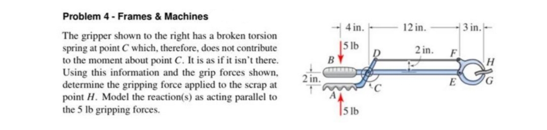 Problem 4-Frames & Machines
The gripper shown to the right has a broken torsion
spring at point C which, therefore, does not contribute
to the moment about point C. It is as if it isn't there.
Using this information and the grip forces shown,
determine the gripping force applied to the scrap at
point H. Model the reaction(s) as acting parallel to
the 5 lb gripping forces.
2 in.
B
4 in.
5 lb
5 lb
12 in.
2 in.
F
E
3 in.
H