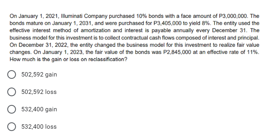 On January 1, 2021, Illuminati Company purchased 10% bonds with a face amount of P3,000,000. The
bonds mature on January 1, 2031, and were purchased for P3,405,000 to yield 8%. The entity used the
effective interest method of amortization and interest is payable annually every December 31. The
business model for this investment is to collect contractual cash flows composed of interest and principal.
On December 31, 2022, the entity changed the business model for this investment to realize fair value
changes. On January 1, 2023, the fair value of the bonds was P2,845,000 at an effective rate of 11%.
How much is the gain or loss on reclassification?
502,592 gain
O 502,592 loss
532,400 gain
O 532,400 loss
