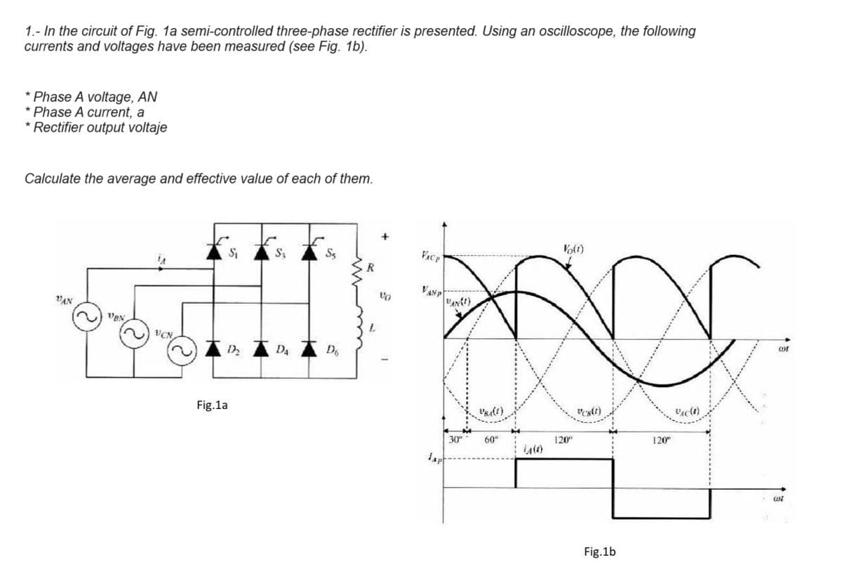 1.- In the circuit of Fig. 1a semi-controlled three-phase rectifier is presented. Using an oscilloscope, the following
currents and voltages have been measured (see Fig. 1b).
Phase A voltage, AN
*Phase A current, a
*Rectifier output voltaje
Calculate the average and effective value of each of them.
FACP
S₁
S₁
R
VANP
VO
VAN)
VAN
VBN
VCN
D D D
Fig.1a
Vo(t)
30° 60°
120°
460
JAP
VCB(t)
120°
Fig.1b
VAC (1)
WE
cont