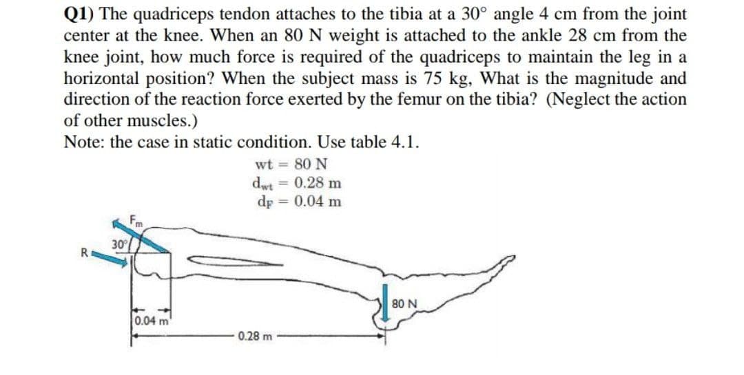 Q1) The quadriceps tendon attaches to the tibia at a 30° angle 4 cm from the joint
center at the knee. When an 80 N weight is attached to the ankle 28 cm from the
knee joint, how much force is required of the quadriceps to maintain the leg in a
horizontal position? When the subject mass is 75 kg, What is the magnitude and
direction of the reaction force exerted by the femur on the tibia? (Neglect the action
of other muscles.)
Note: the case in static condition. Use table 4.1.
wt = 80 N
dwt = 0.28 m
dp = 0.04 m
Fm
30°
R
80 N
0.04 m
0.28 m
