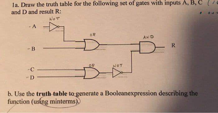 la. Draw the truth table for the following set of gates with inputs A, B, C
and D and result R:
NOT
- A
OR
AND
- B
R
OR
NOT
-C -
-D -
b. Use the truth table to generate a Booleanexpression describing the
function (using minterms))
