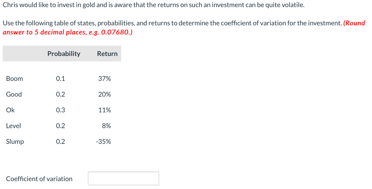 Chris would like to invest in gold and is aware that the returns on such an investment can be quite volatile.
Use the following table of states, probabilities, and returns to determine the coefficient of variation for the investment. (Round
answer to 5 decimal places, e.g. 0.07680.)
Boom
Good
Ok
Level
Slump
Probability
0.1
0.2
0.3
0.2
0.2
Coefficient of variation
Return
37%
20%
11%
8%
-35%