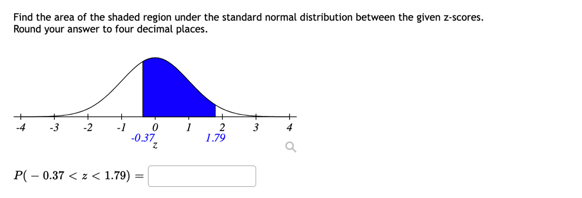 Find the area of the shaded region under the standard normal distribution between the given z-scores.
Round your answer to four decimal places.
2
1
1.79
-4
-3
-2
4
-1
-0.37
3
P( – 0.37 < z < 1.79)
