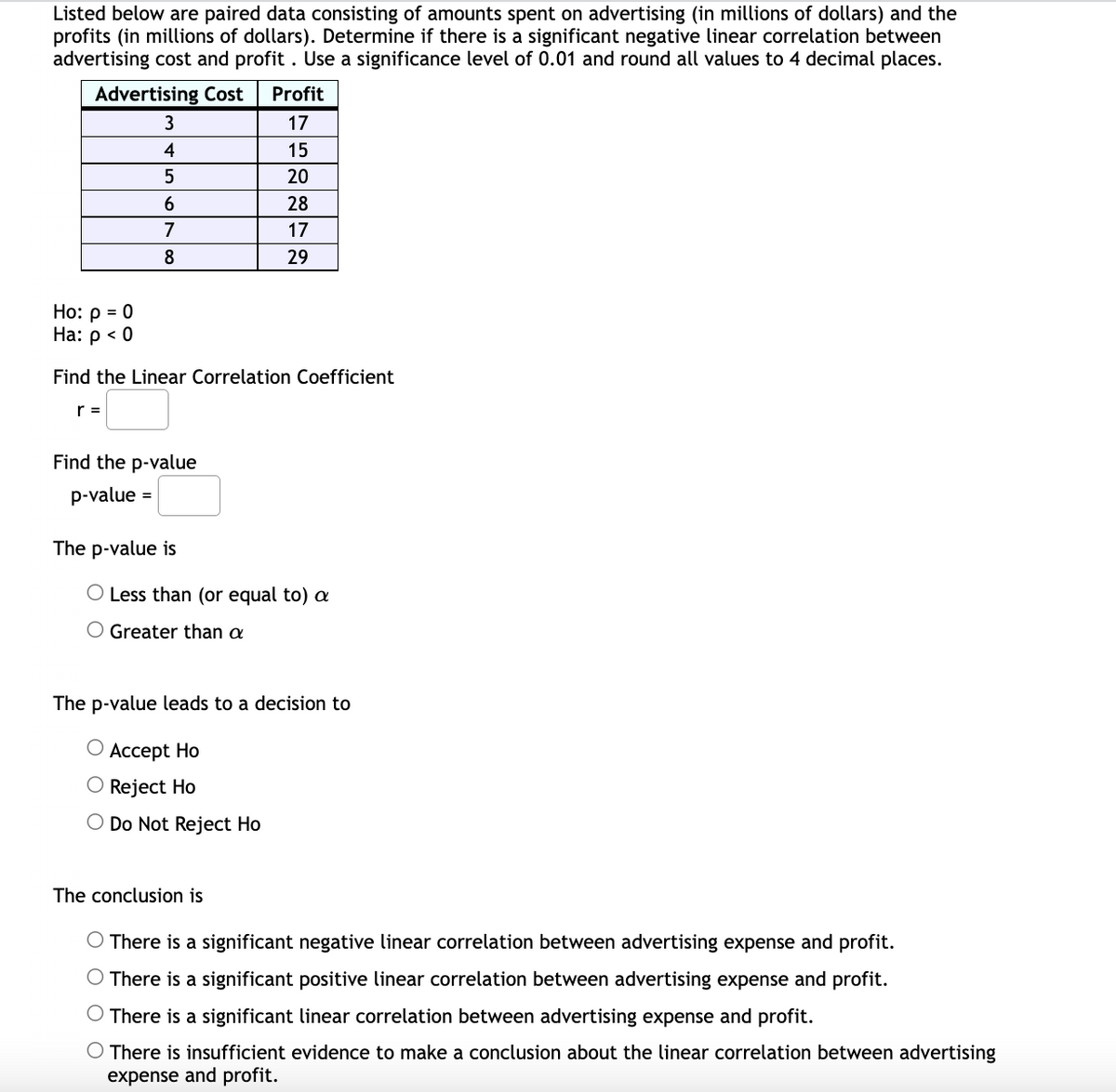 Listed below are paired data consisting of amounts spent on advertising (in millions of dollars) and the
profits (in millions of dollars). Determine if there is a significant negative linear correlation between
advertising cost and profit . Use a significance level of 0.01 and round all values to 4 decimal places.
Advertising Cost
Profit
17
4
15
20
6.
28
7
17
8
29
Ho: p = 0
На: р < 0
Find the Linear Correlation Coefficient
r =
Find the p-value
p-value =
The p-value is
Less than (or equal to) a
O Greater than a
The p-value leads to a decision to
Ассept Ho
Reject Ho
O Do Not Reject Ho
The conclusion is
O There is a significant negative linear correlation between advertising expense and profit.
There is a significant positive linear correlation between advertising expense and profit.
O There is a significant linear correlation between advertising expense and profit.
O There is insufficient evidence to make a conclusion about the linear correlation between advertising
expense and profit.
