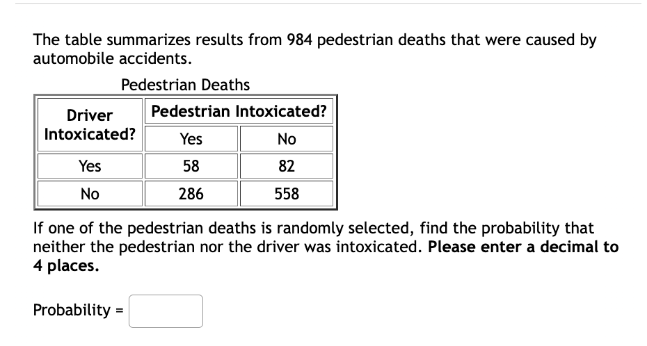 The table summarizes results from 984 pedestrian deaths that were caused by
automobile accidents.
Pedestrian Deaths
Driver
Pedestrian Intoxicated?
Intoxicated?
Yes
No
Yes
58
82
No
286
558
If one of the pedestrian deaths is randomly selected, find the probability that
neither the pedestrian nor the driver was intoxicated. Please enter a decimal to
4 places.
Probability =
