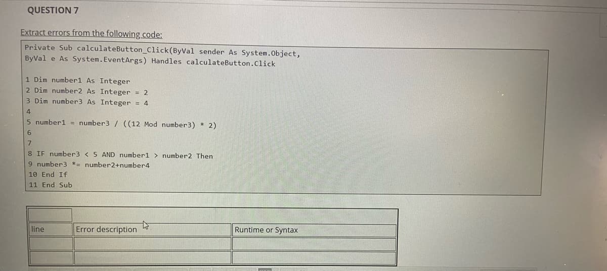 QUESTION 7
Extract errors from the following code:
Private Sub calculateButton_Click(ByVal sender As System.Object,
ByVal e As System. EventArgs) Handles calculateButton.Click
1 Dim number1 As Integer
2 Dim number2 As Integer = 2
3 Dim number3 As Integer = 4
4
5 number1 = number3 / ((12 Mod number3) * 2)
6.
8 IF number3 < 5 AND number1 > number2 Then
9 number3 *= number2+number4
10 End If
11 End Sub
line
Error description
Runtime or Syntax
