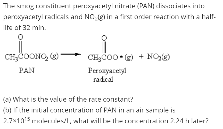 The smog constituent peroxyacetyl nitrate (PAN) dissociates into
peroxyacetyl radicals and NO2(g) in a first order reaction with a half-
life of 32 min.
CH3COONO, (3)
CH3CO0 • (g) + NO(g)
PAN
Peroxyacetyl
radical
(a) What is the value of the rate constant?
(b) If the initial concentration of PAN in an air sample is
2.7x1015 molecules/L, what will be the concentration 2.24 h later?

