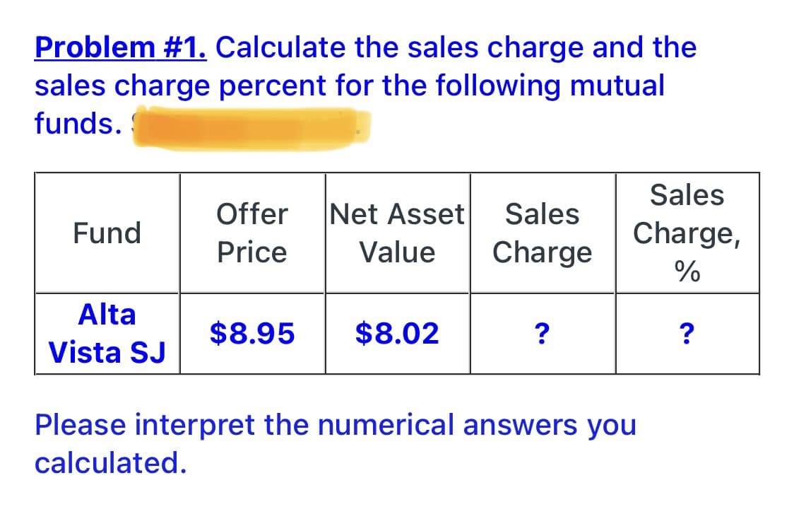 Problem #1. Calculate the sales charge and the
sales charge percent for the following mutual
funds.
Sales
Offer
Net Asset
Sales
Fund
Charge,
Price
Value
Charge
Alta
$8.95
$8.02
?
Vista SJ
Please interpret the numerical answers you
calculated.
