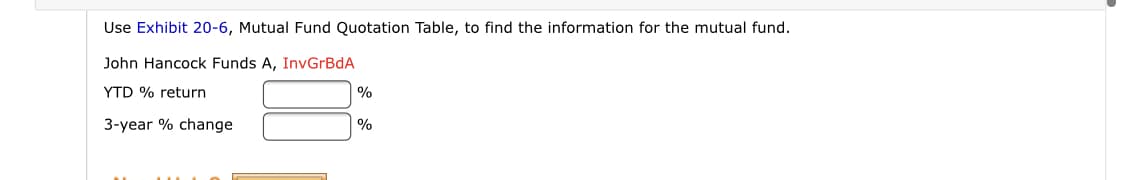 Use Exhibit 20-6, Mutual Fund Quotation Table, to find the information for the mutual fund.
John Hancock Funds A, InvGrBdA
YTD % return
%
3-year % change
%
