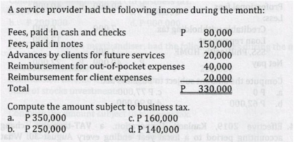 A service provider had the following income during the month:
Fees, paid in cash and checks
Fees, paid in notes
Advances by clients for future services
Reimbursement for out-of-pocket expenses
Reimbursement for client expenses
80,000
150,000
20,000
40,000
20.000
330.000
P
the
yer ba
Total
P.
Combnre tpe
000 sad
Compute the amount subject to business tax.
P 350,000
b. P 250,000
с. Р 160,000
d. P 140,000
a.
boheg
