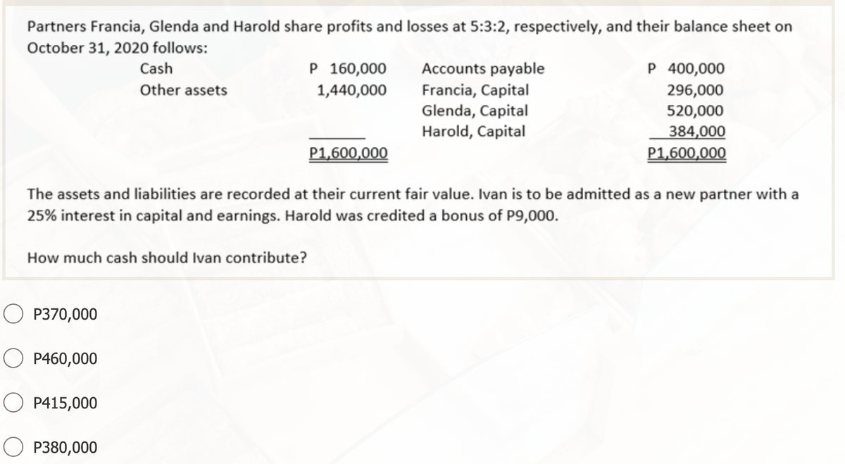 Partners Francia, Glenda and Harold share profits and losses at 5:3:2, respectively, and their balance sheet on
October 31, 2020 follows:
Cash
Other assets
How much cash should Ivan contribute?
O P370,000
O P460,000
O P415,000
OP380,000
P 160,000
1,440,000
P1,600,000
Accounts payable
Francia, Capital
Glenda, Capital
Harold, Capital
The assets and liabilities are recorded at their current fair value. Ivan is to be admitted as a new partner with a
25% interest in capital and earnings. Harold was credited a bonus of P9,000.
P 400,000
296,000
520,000
384,000
P1,600,000