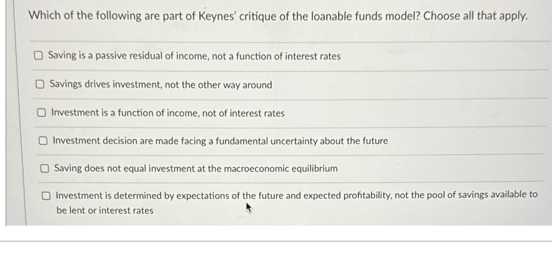 Which of the following are part of Keynes' critique of the loanable funds model? Choose all that apply.
Saving is a passive residual of income, not a function of interest rates
Savings drives investment, not the other way around
Investment is a function of income, not of interest rates
Investment decision are made facing a fundamental uncertainty about the future
Saving does not equal investment at the macroeconomic equilibrium
Investment is determined by expectations of the future and expected profitability, not the pool of savings available to
be lent or interest rates