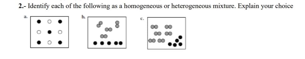 2.- Identify each of the following
as a homogeneous or heterogeneous mixture. Explain your choice
a
