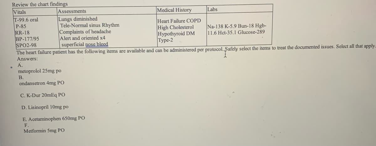 Review the chart findings
Vitals
T-99.6 oral
P-85
RR-18
BP-177/95
SPO2-98
The heart failure patient has the following items are available and can be administered per protocol. Şafely select the items
Medical History
Labs
Assessments
Lungs diminished
Tele-Normal sinus Rhythm
Complaints of headache
Alert and oriented x4
superficial nose bleed
Heart Failure COPD
High Cholesterol
Hypothyroid DM
|Туре-2
Na-138 K-5.9 Bun-18 Hgb-
11.6 Hct-35.1 Glucose-289
treat the documented issues. Select all that apply
Answers:
A.
metoprolol 25mg po
В.
ondansetron 4mg PO
C. K-Dur 20mEq PO
D. Lisinopril 10mg po
E. Acetaminophen 650mg PO
F.
Metformin 5mg PO
