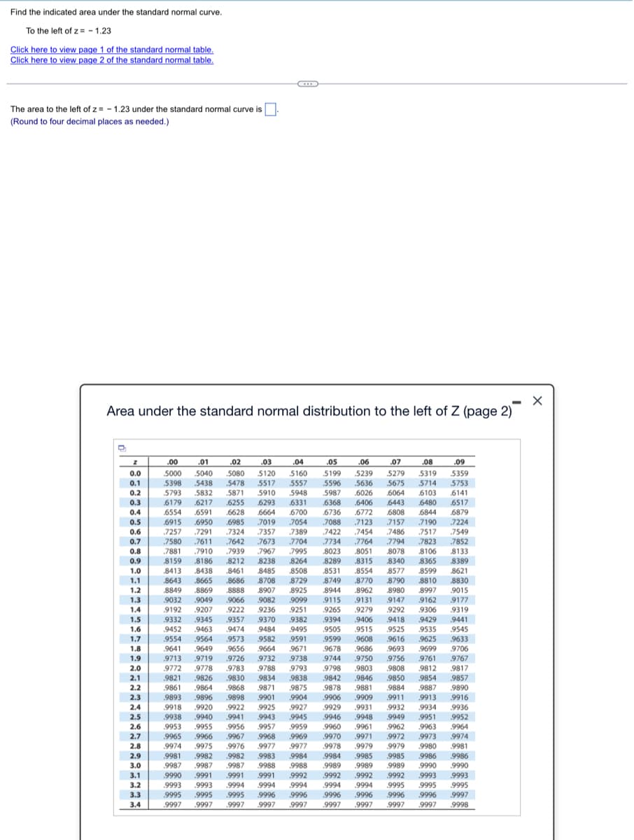 Find the indicated area under the standard normal curve.
To the left of z= - 1.23
Click here to view page 1 of the standard normal table.
Click here to view page 2 of the standard normal table.
The area to the left of z= -1.23 under the standard normal curve is
(Round to four decimal places as needed.)
Area under the standard normal distribution to the left of Z (page 2)
0.1
03
0.4
0.5
0.6
0.7
0.8
09
345
.00
-3000
5398
6554
01
.02 .03
5080 5120
5478
5517
6255 6293
7580 7611 7642 7673
7881 7910 1959 1960
8413 8438 8461 8485
8643 8665 8686 9700
8849 8869 8888 8907
9032 9049 9066 9082
9192 9207 .9222 9236
9332 9345 9357 9370
0554
9564 9573 9587
5007
6368
8025
859
-3090
6406 6443
7454 7486
7764 7794
8051 8076
6480 6517
6844
0400
7517
7823
8106
aren
0554 8577
8770 8790 8810
8997
9162
0675